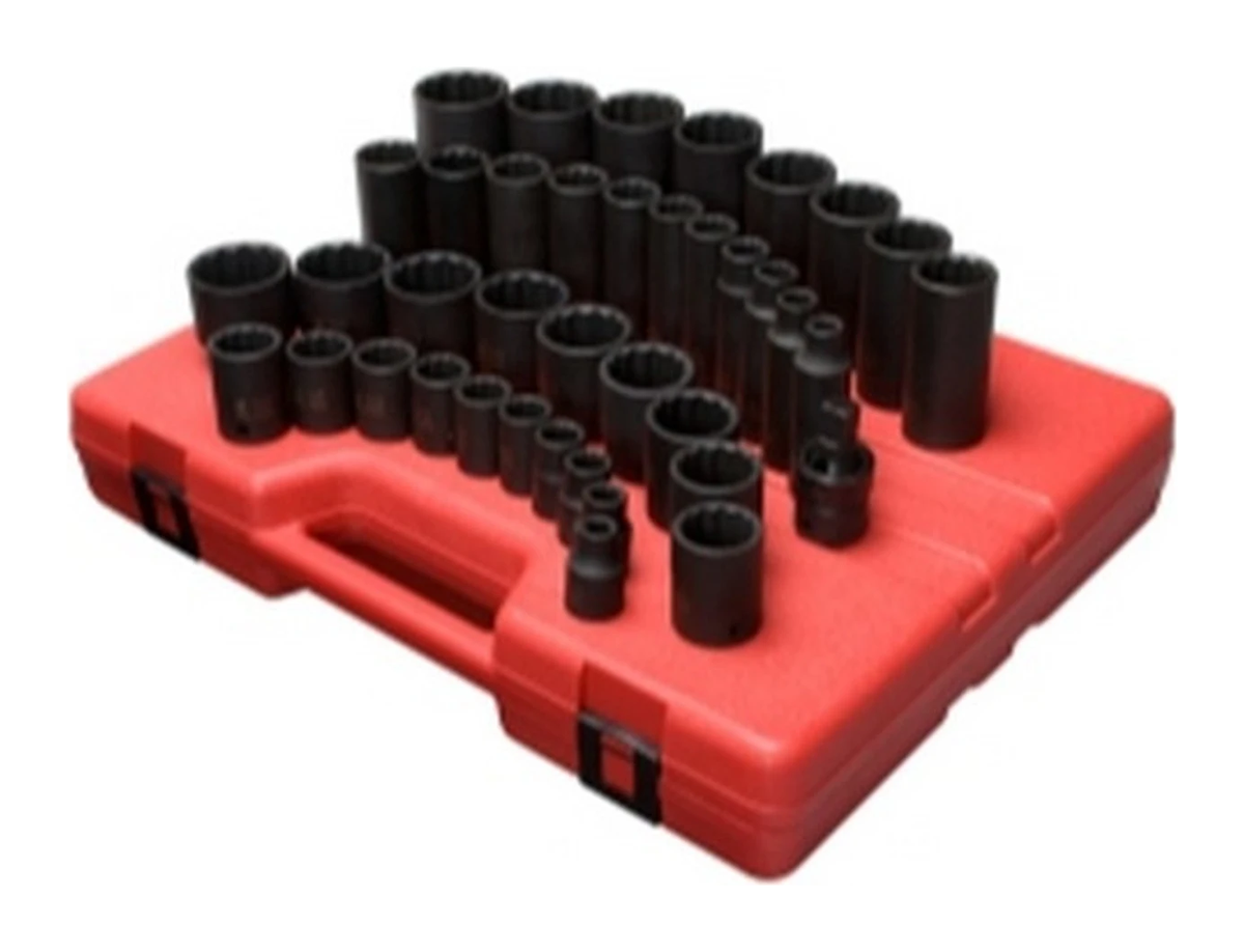 Sunex SAE impact sockets organized on a red tray