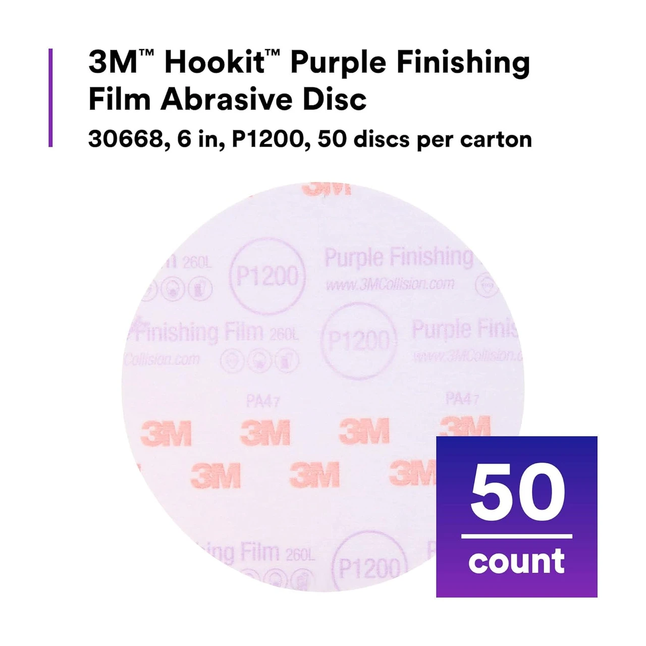 3M 6" P1200 Hookit Purple Finishing Film Abrasive Disc 260L (30668) — product image 2