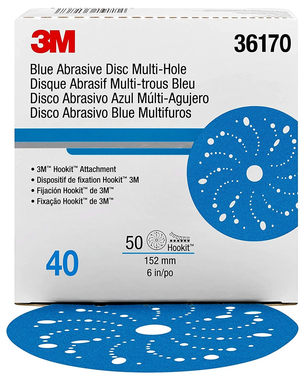 3M 6" 40+Grit Multi-Hole Hookit Blue Abrasive Disc (36170)