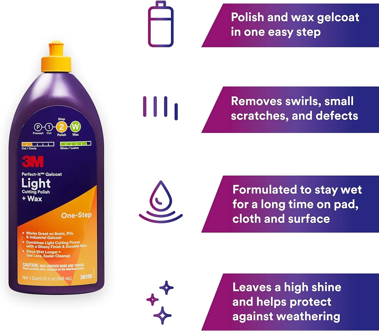 3M 1qt Perfect-It Gelcoat Light Cutting Polish+Wax (36110) — product image 3