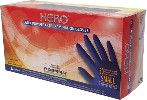 Adenna Hero 14 Mil Latex Powder-Free Gloves, Blue, Extended Cuff, Box of 50 (HER002, HER005, HER006, HER008, HER009)