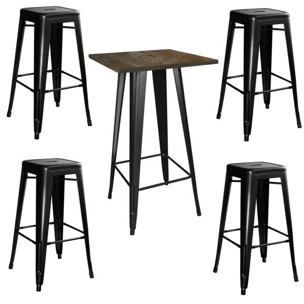 AmeriHome Loft Glossy Black Pub Set with Wood Top Table (BSSET35)