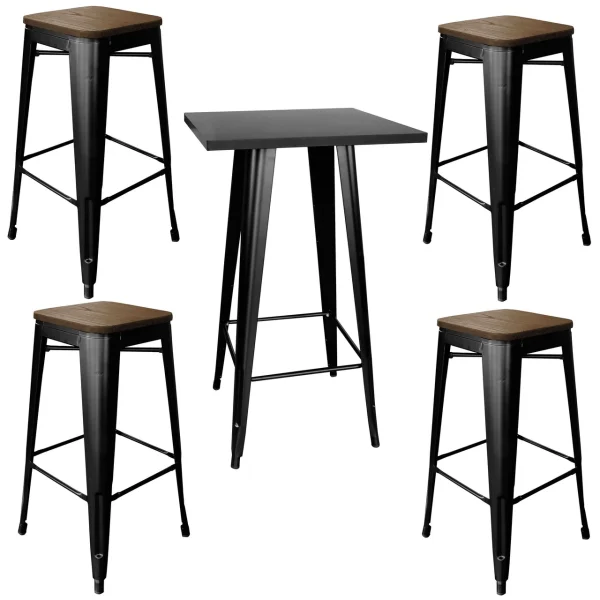 AmeriHome BSSET36 Loft Glossy Black Pub Set With Wood Top Bar Stools - 5 Piece