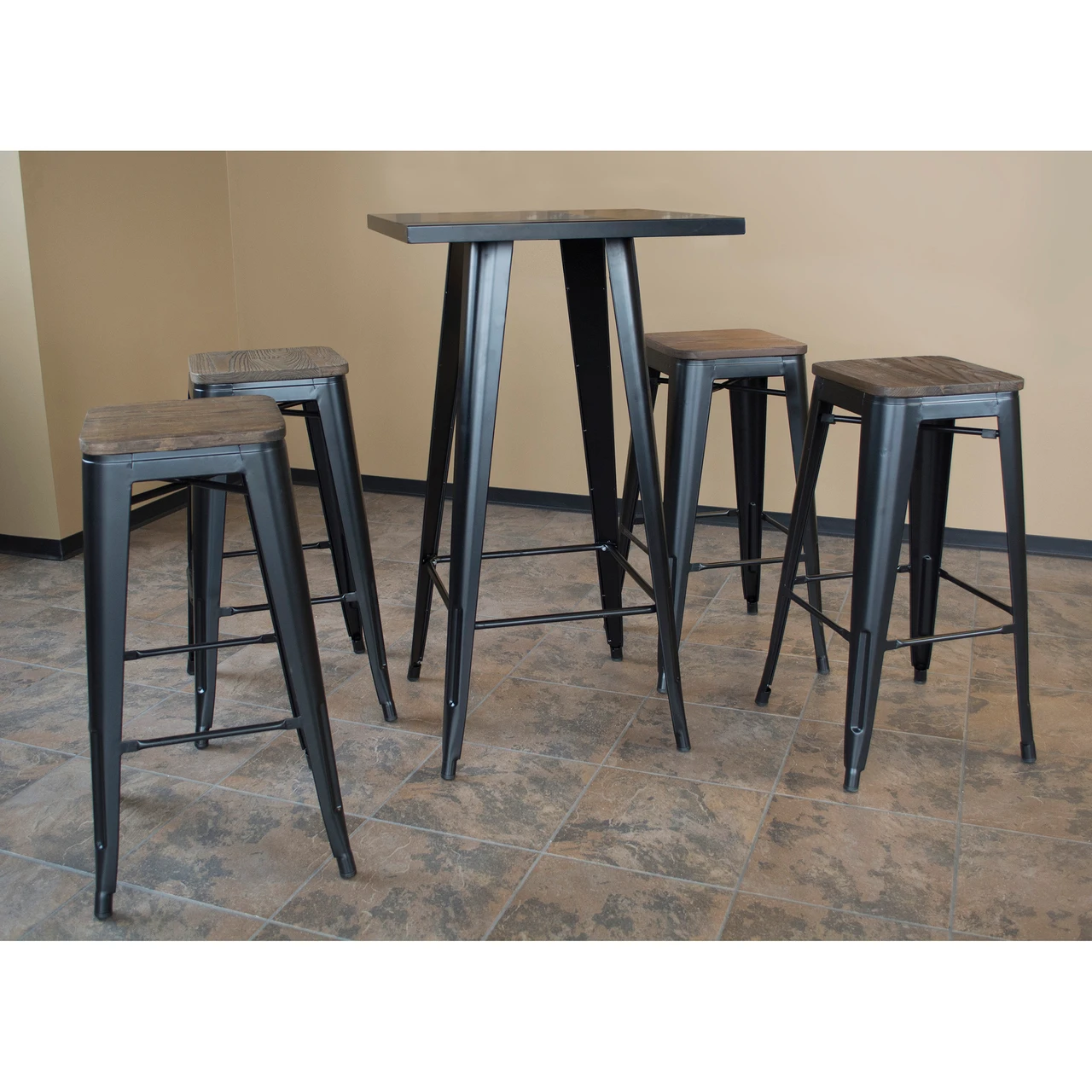 AmeriHome BSSET36 Loft Glossy Black Pub Set With Wood Top Bar Stools - 5 Piece — product image 2
