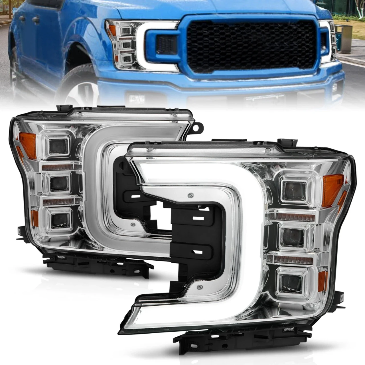 Anzo USA 18-20 F150 Chrome Headlight w/Light Bar & Halogen (ANZ111521)