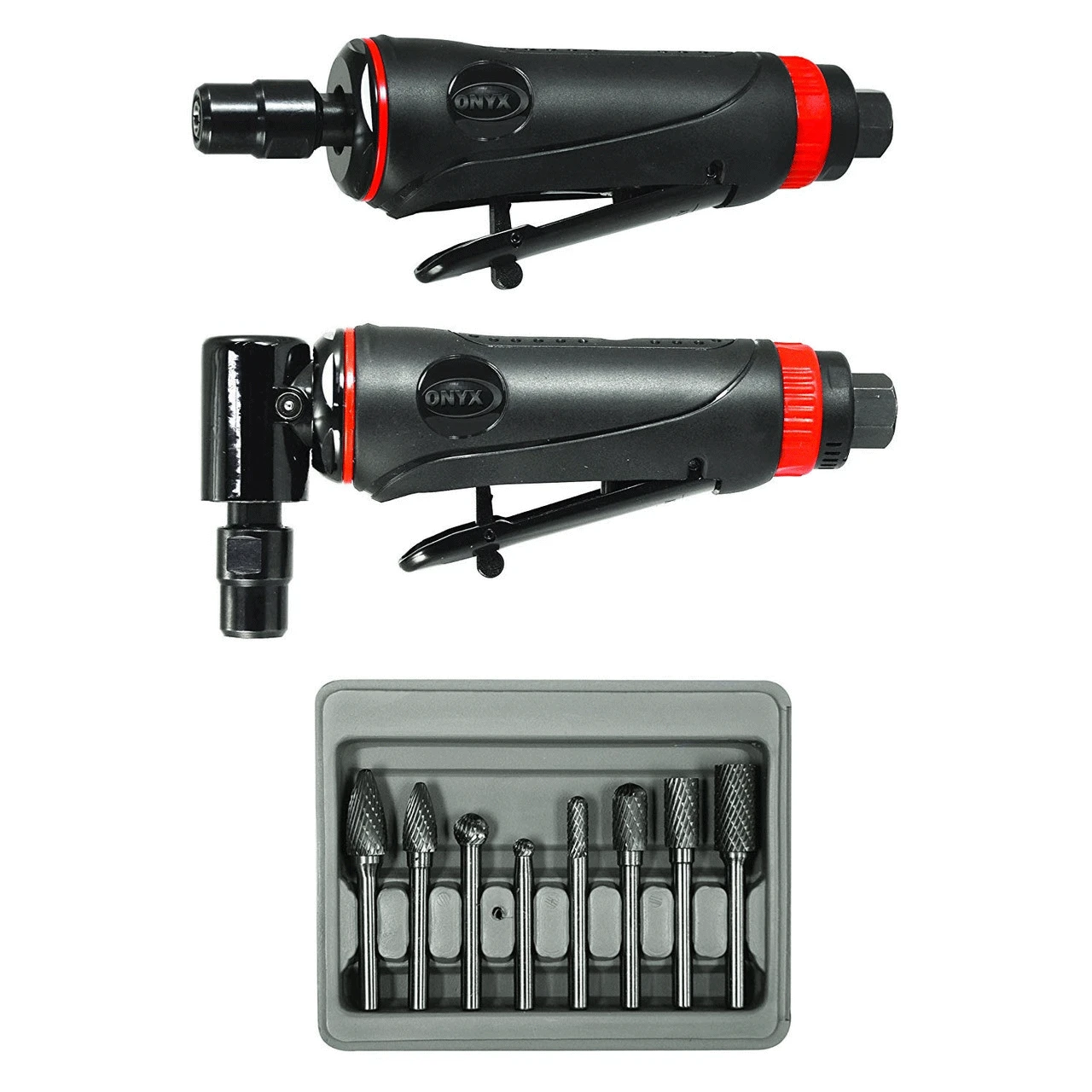 Astro Onyx straight and right-angle grinders pictured above an eight-burr tray