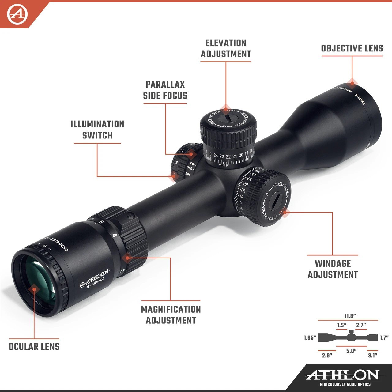 Athlon Optics Helos BTR GEN2 2-12x42 AHMR2 FFP IR MOA Reticle (214104) — product image 3
