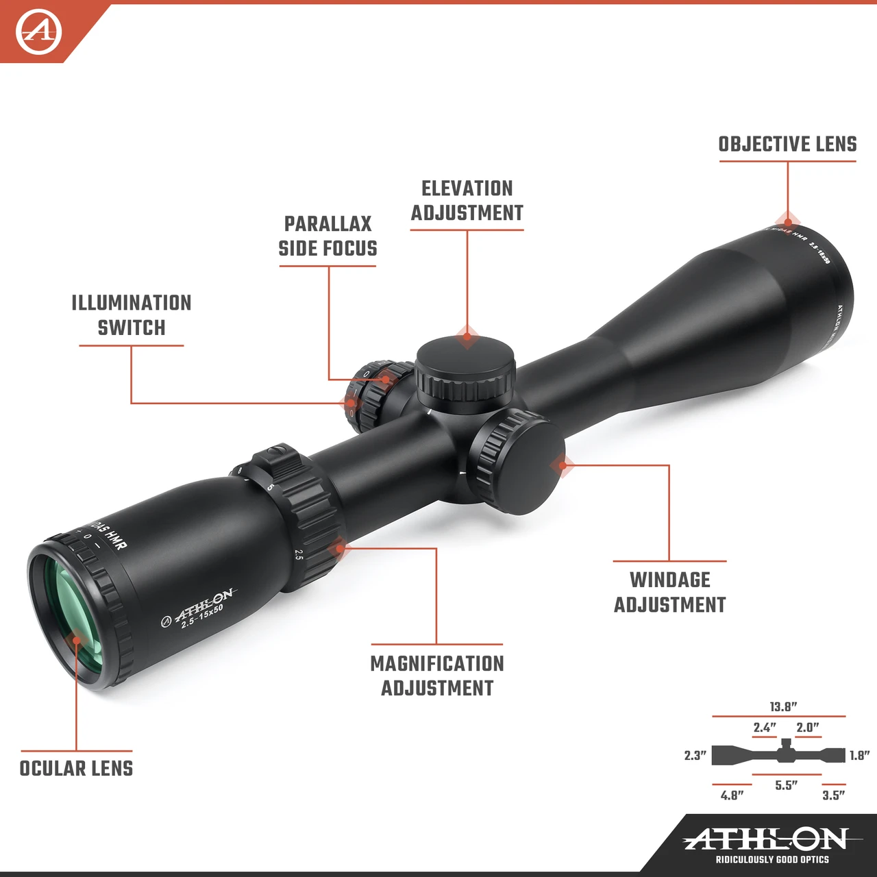 Athlon Optics Midas HMR HD 2.5-15x50 AHMR SFP IR MOA Reticle (213050) — product image 3