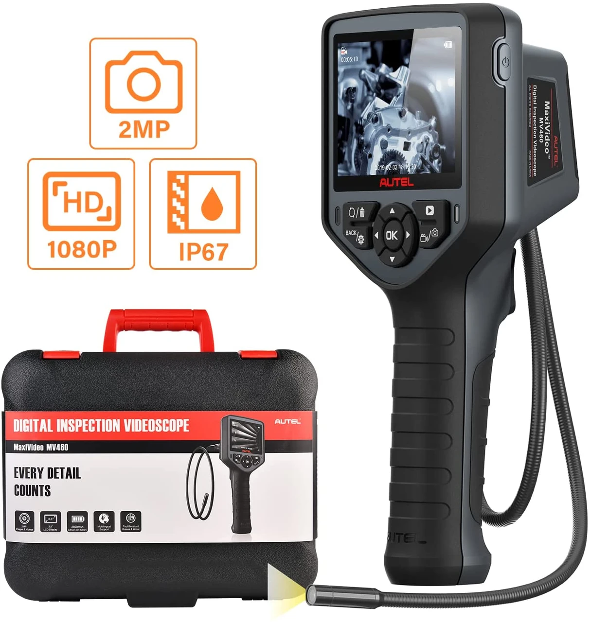 Autel MV460 handheld inspection camera with probe cable and carrying case