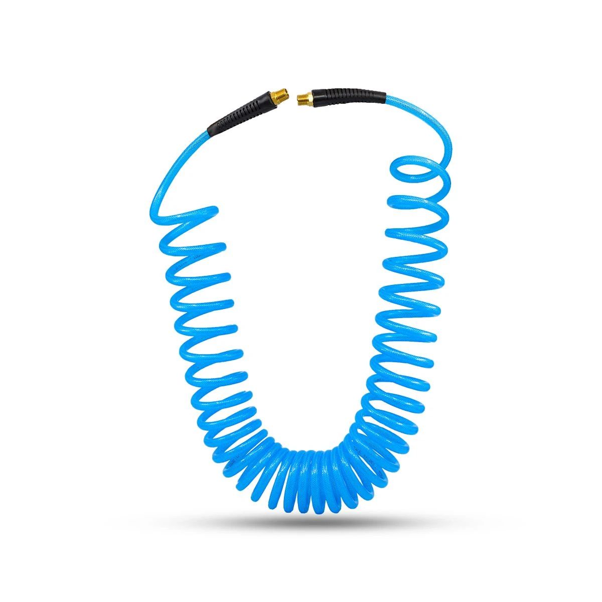 Blue polyurethane recoil air hose with straight end leads and metal fittings