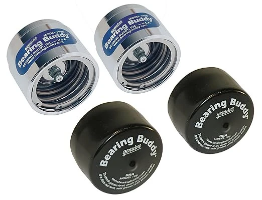 Pair of chrome Bearing Buddy 42100 protectors with two black protective bras
