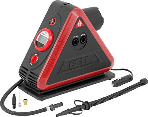 BellAire5000 triangular red-and-black inflator with vehicle plug and adapters