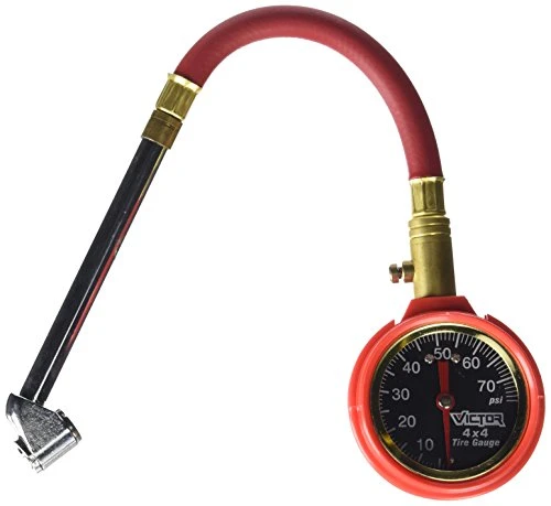 Victor red dial tire gauge with flexible hose and straight valve chuck