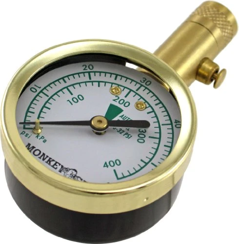 Bell Monkey Grip round brass-colored tire gauge with straight chuck and bleeder
