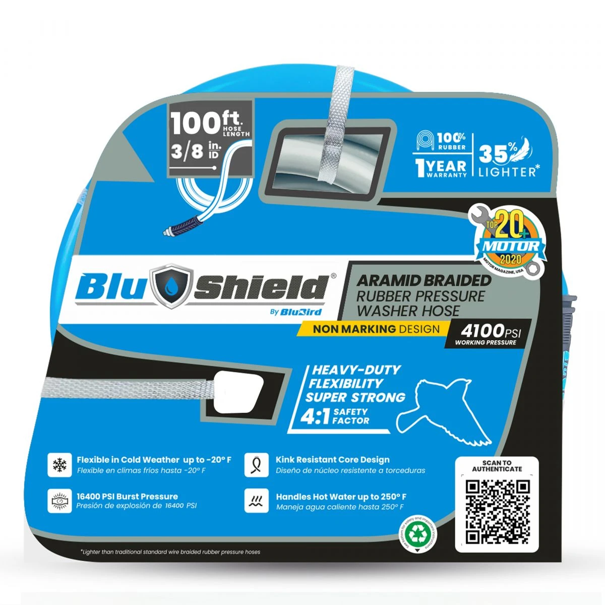 BluShield Rubber Pressure Washer Hose 3/8", 50'/100'/200' Non-Marking (PW38-NM) — product image 2