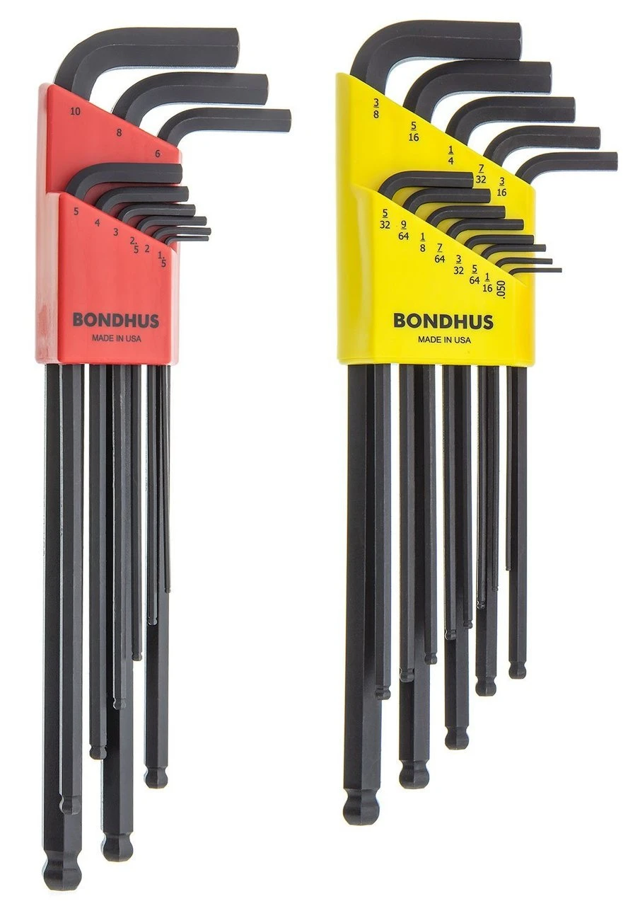 Bondhus SAE and metric ball-end hex keys in red and yellow holders