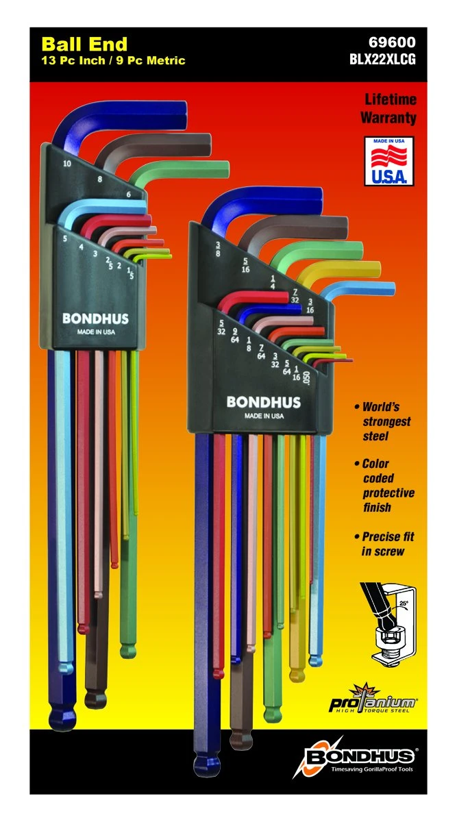 Bondhus 22pc .050-3/8" x 1.5-10mm ColorGuard Ballend L-Wrench (69600)