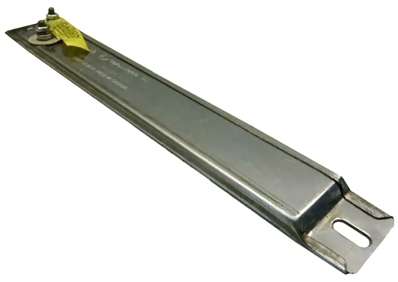 Plain metal strip heater with terminal studs at one end and slotted mounting tab