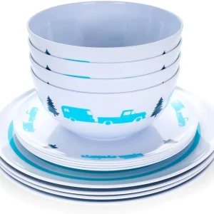 Camco Libatc Dinnerware Set 12pc Melamine Blue RV Trees (CMC53316)