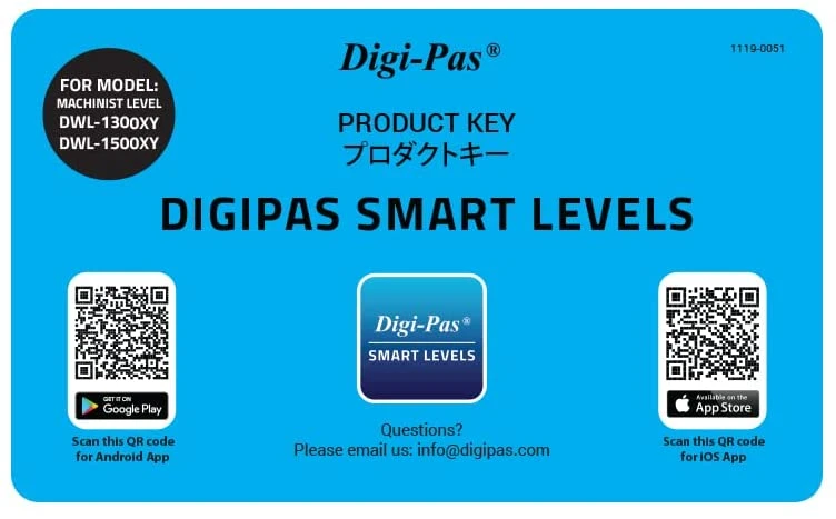 Digi-Pas Mobile App Product Key for DWL1300XY, DWL1500XY or DWL1900XY Smart Machinist Precision Level