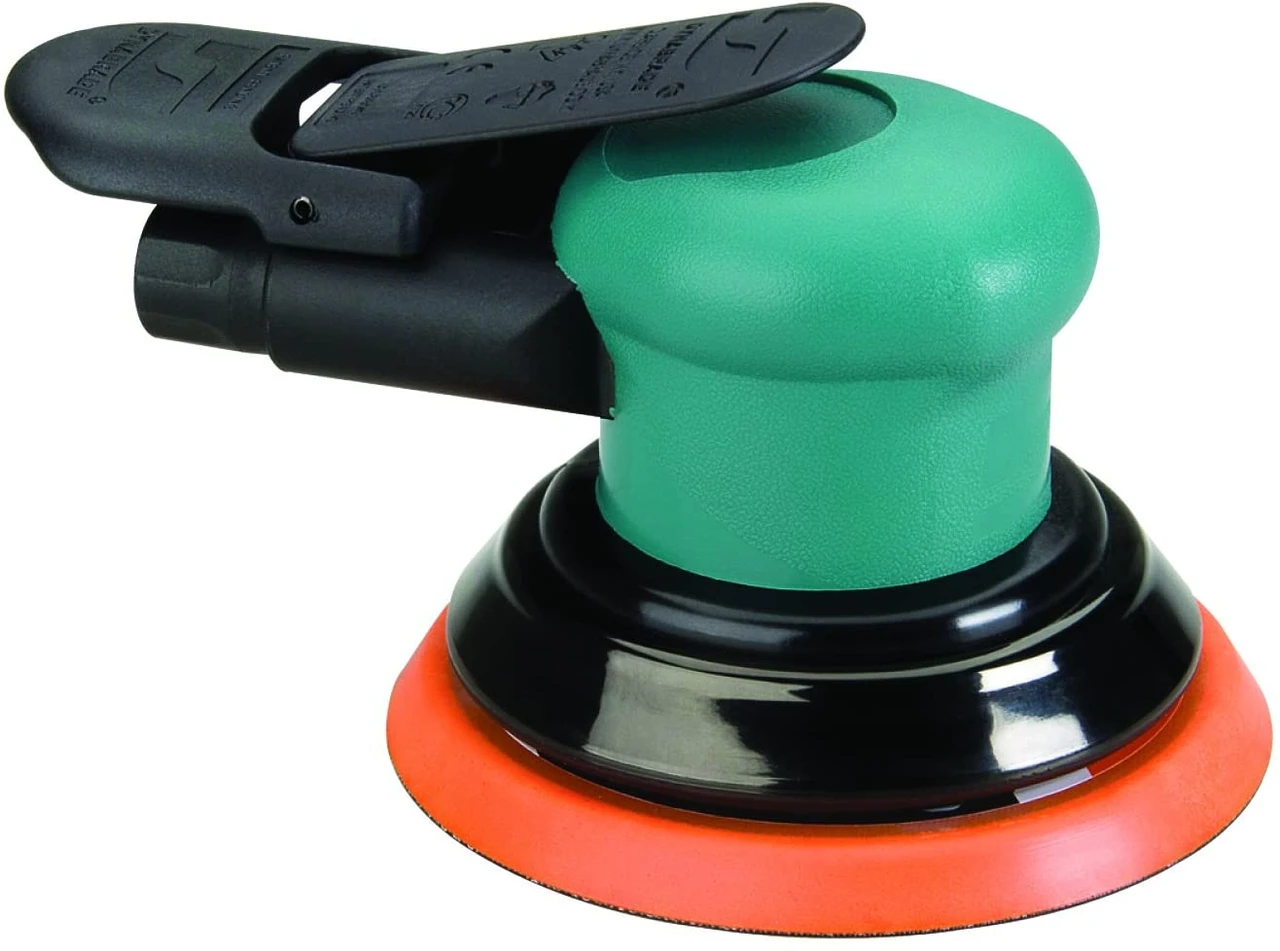 Dynabrade 59035 green sander with black lever and orange five-inch pad