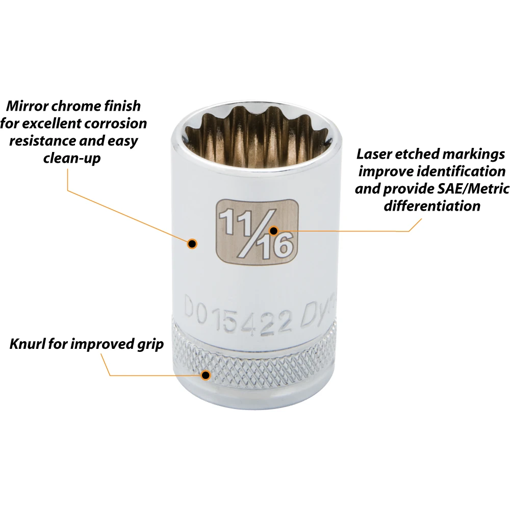 Dynamic Tools 1/2" Drive 12 Point SAE, 9/16" Standard Length, Chrome Finish Socket (D015418) — product image 3