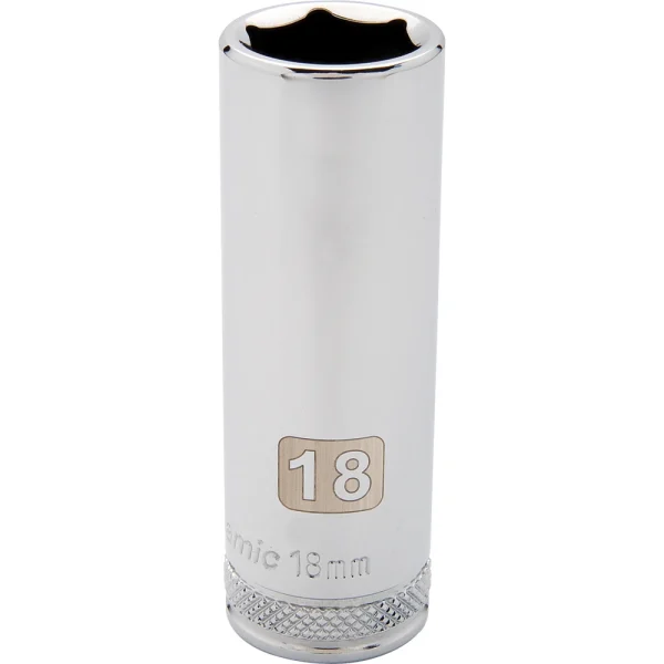 Dynamic Tools 1/2" Drive 6 Point Metric, 18mm Deep Length, Chrome Finish Socket (D016218)