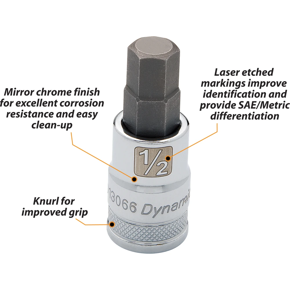 Dynamic Tools 1/2" Drive SAE Hex Head, 1/2" Bit Standard Length, Chrome Finish Socket (D013066) — product image 7