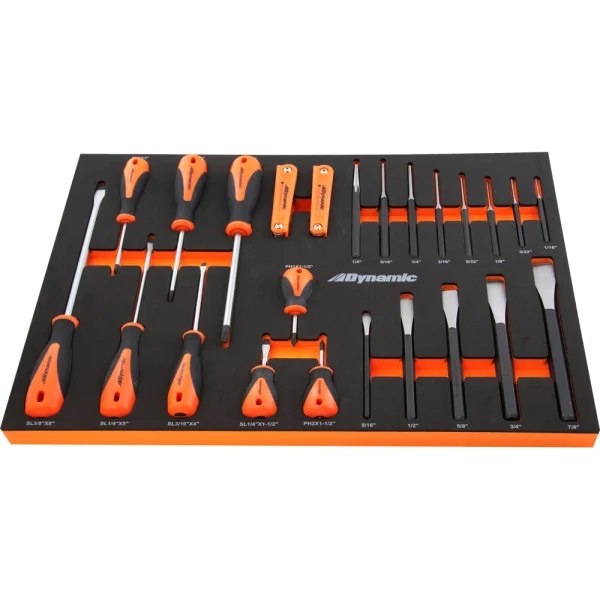 Dynamic Tools 25 Piece Screwdriver, Hex Key, Punch & Chisel Set With Foam Tool Organizer (D096004-FT4T)