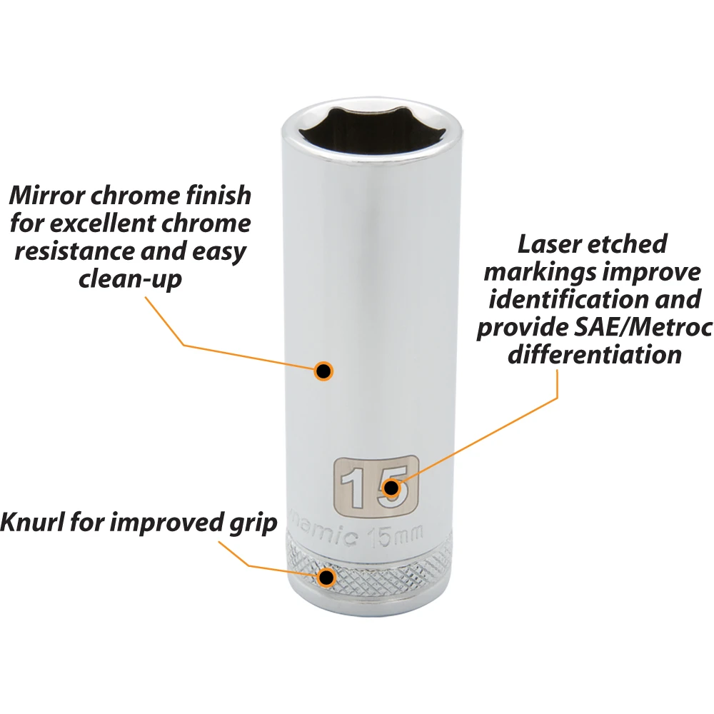 Dynamic Tools 3/8" Drive 6 Point Metric, 16mm Deep Length, Chrome Finish Socket (D008216) — product image 3