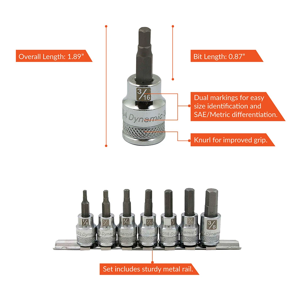 Dynamic Tools 3/8" Drive 7 Piece SAE, Standard Length, Hex Socket Set, 1/8" - 3/8' (D010014) — product image 3