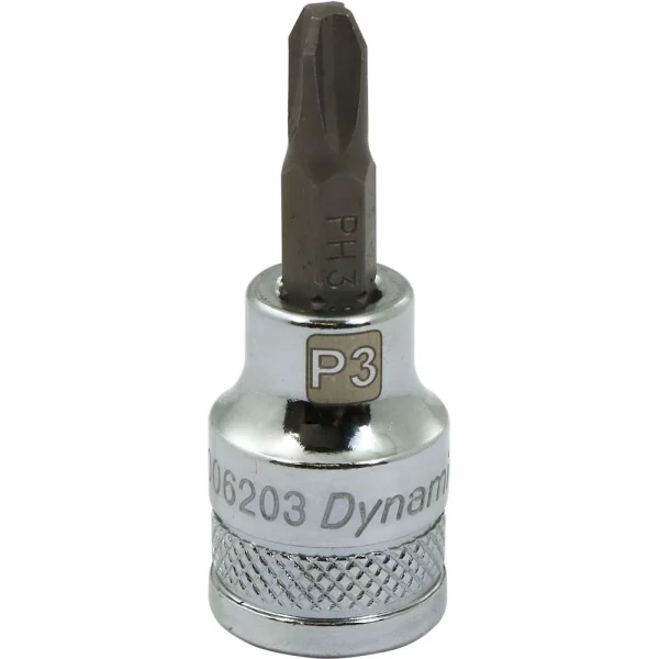 Dynamic Tools 3/8" Drive Phillips® Head, Ph#3 Bit Standard Length, Chrome Finish Socket (D006203)