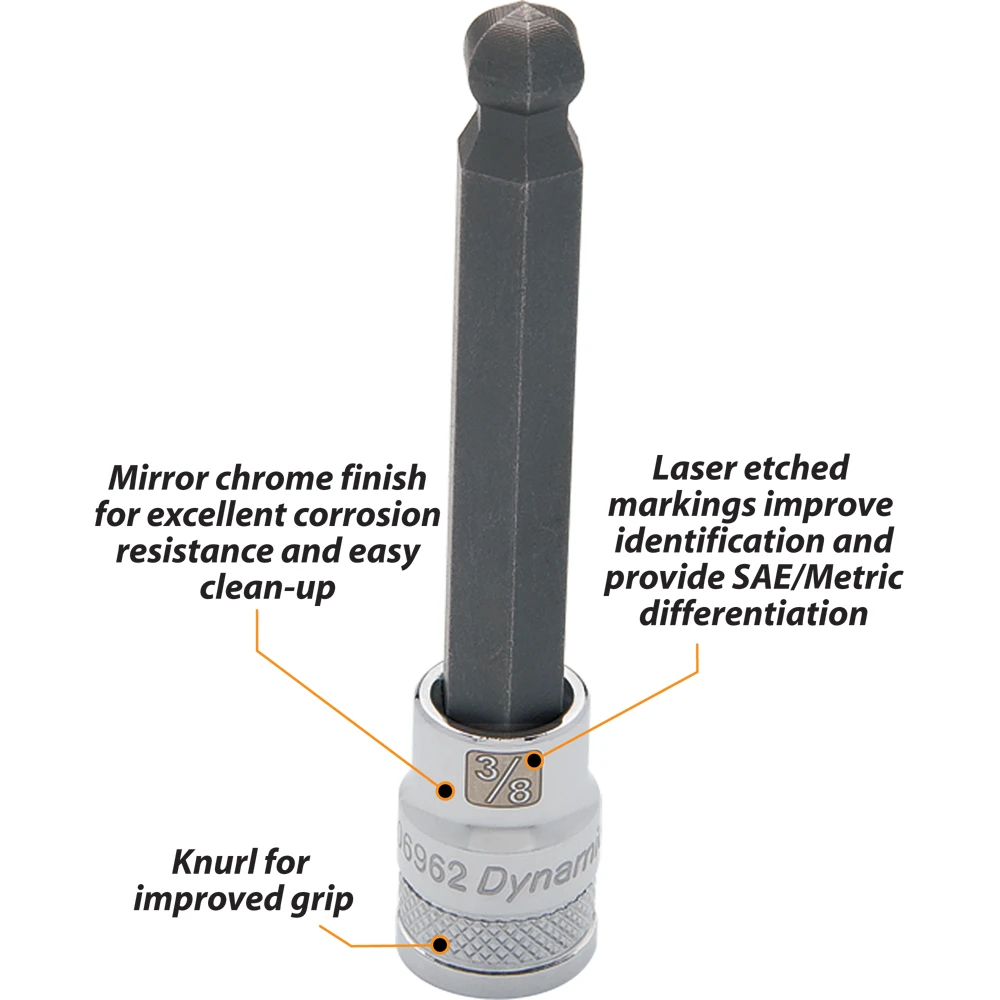 Dynamic Tools 3/8" Drive SAE Hex Head, 1/4" Long Ball Nose, Chrome Finish Socket (D006958) — product image 3