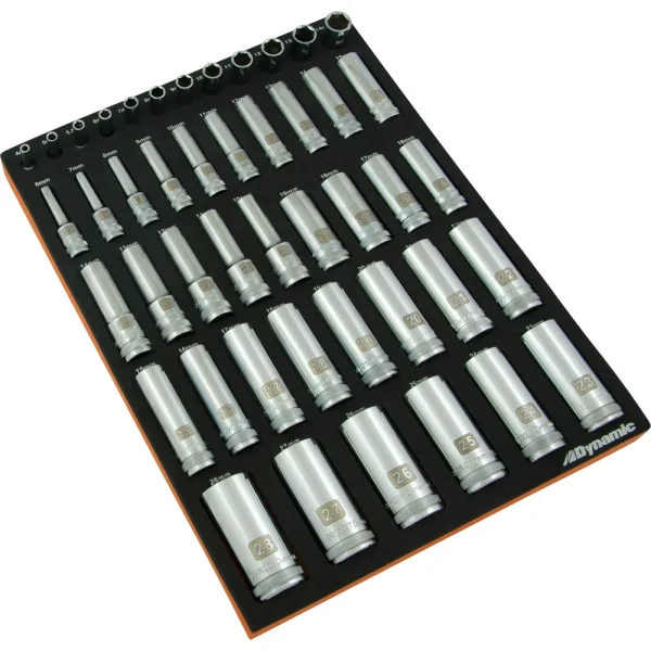 Dynamic Tools 46 Piece 1/4”, 3/8”& 1/2” Drive Metric Deep Chrome Socket Set With Foam Tool Organizer (D096001-FT6T)