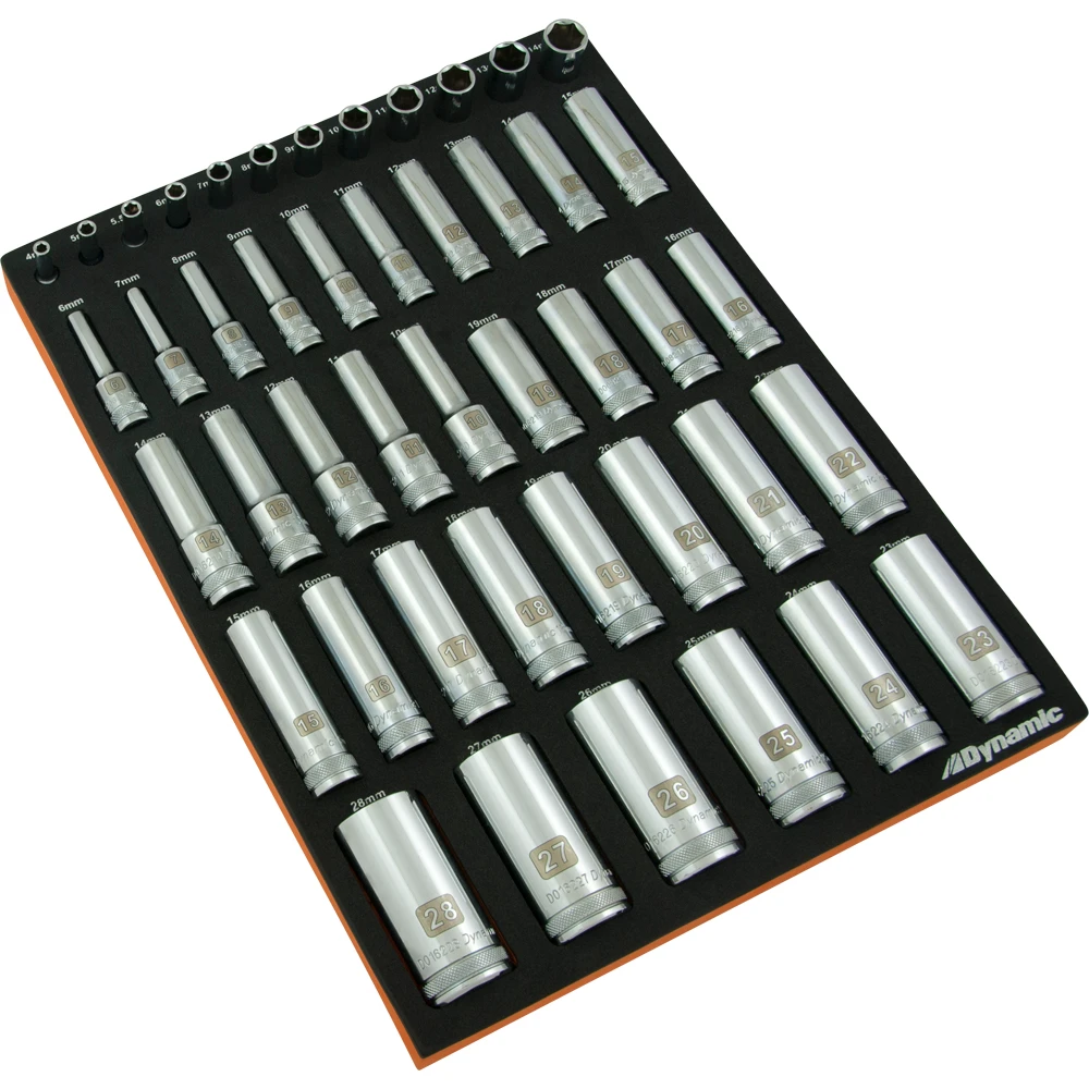 Dynamic Tools 46 Piece 1/4”, 3/8”& 1/2” Drive Metric Deep Chrome Socket Set With Foam Tool Organizer (D096001-FT6T)