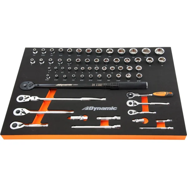Dynamic Tools 65 Piece 1/4", 3/8" Drive Socket & Attachment and Torque Wrench Set With Foam Tool Organizer (D096004-FT1T)