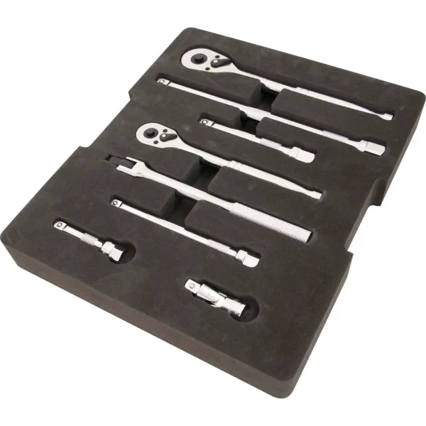 Dynamic Tools 9 Piece Ratchet, Extension, U-Joint and Flex Handle Set, 3/8" and 1/2" Drive, With Foam Tool Organizer (D105101)