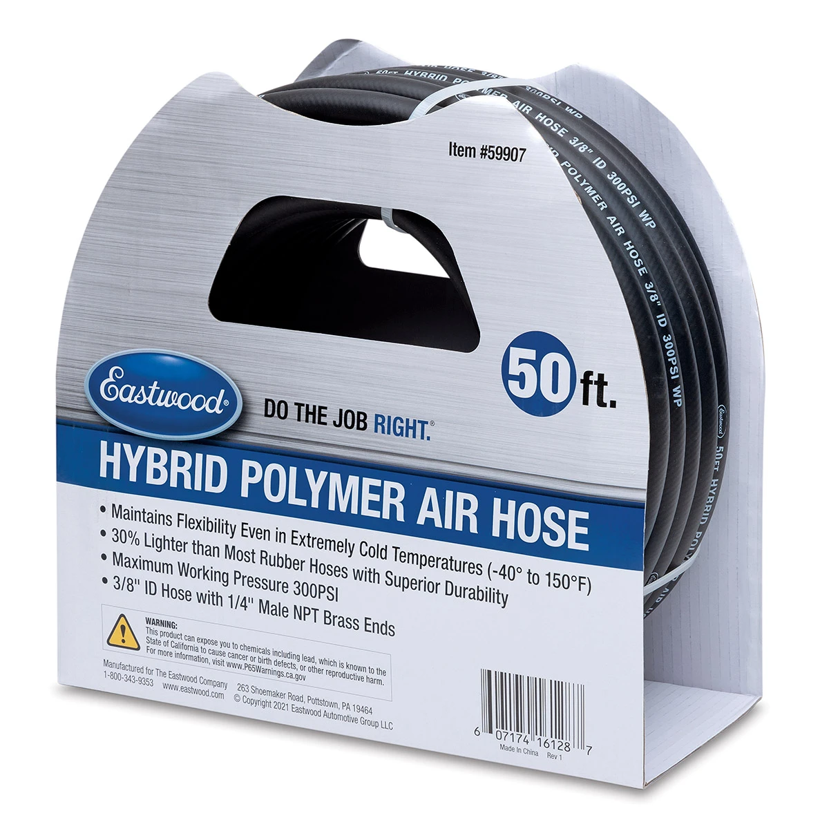 Eastwood packaged coiled hybrid air hose with 50ft label