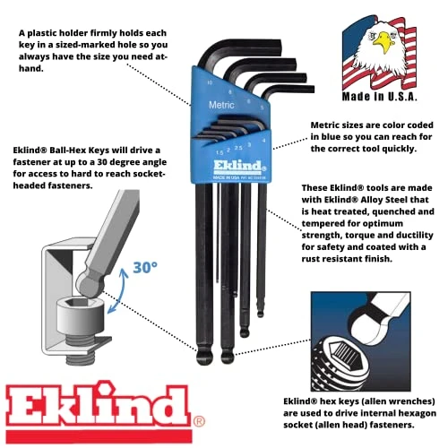 Eklind 13609 Ball-Hex-L Key Allen Wrench - 9pc set Metric MM sizes 1.5-10 Long — product image 2