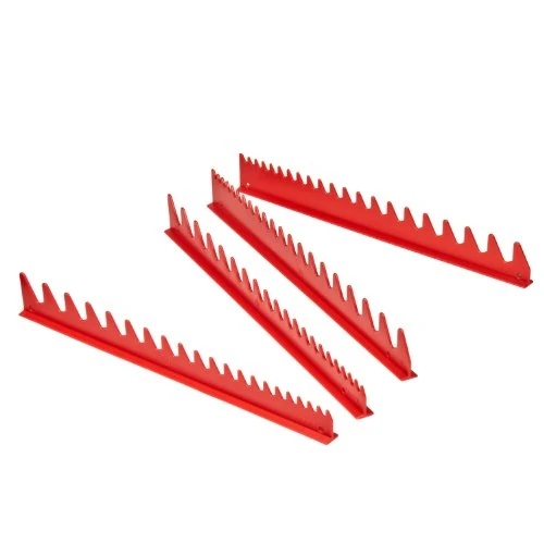 Red Ernst wrench organizer rails with staggered teeth