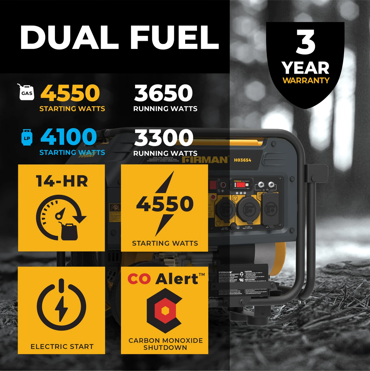 Firman Dual Fuel Portable Generator 4550/3650W Electric Start CO Alert 50 ST CAN (H03654) — product image 6