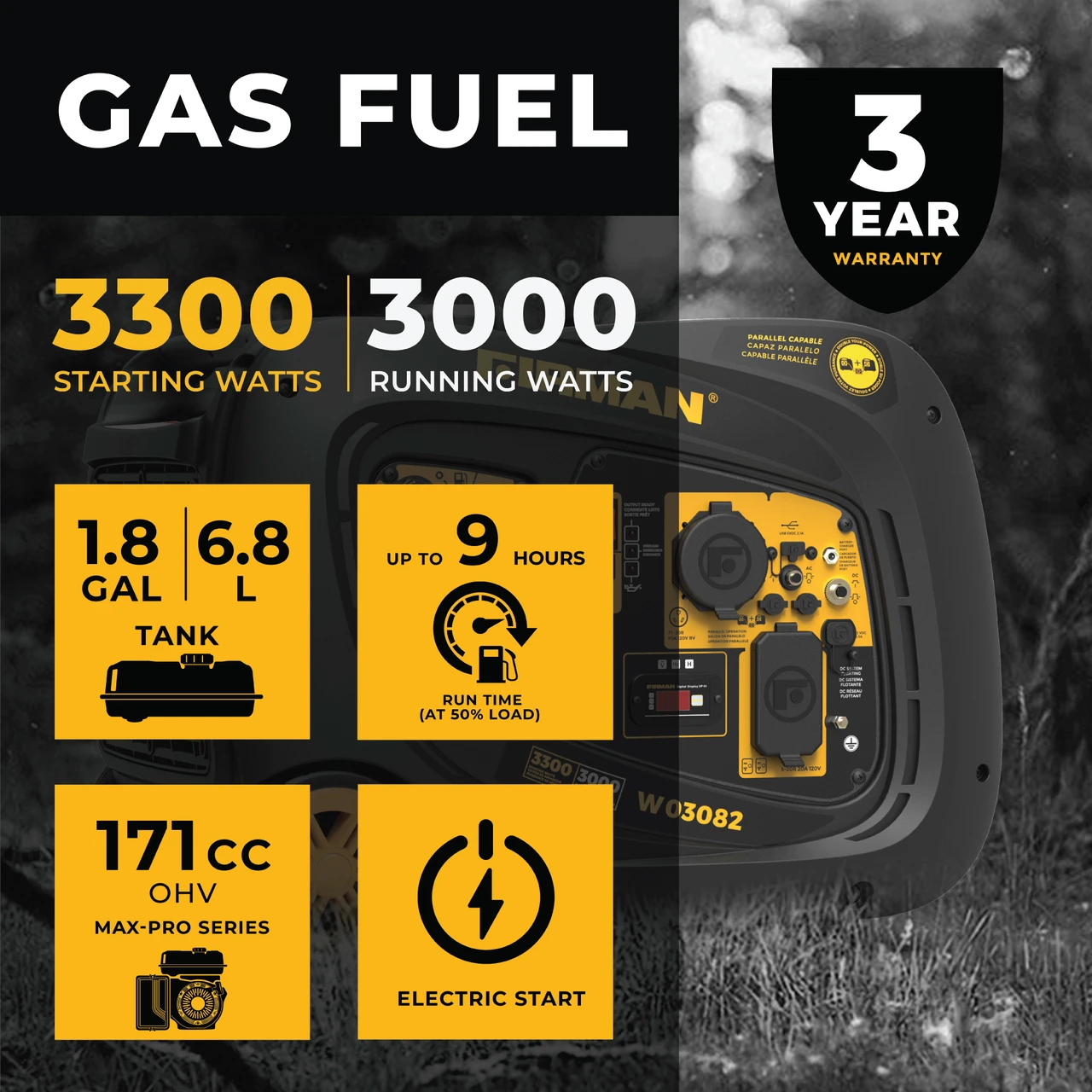 Firman Gas Inverter Portable Generator 3300/3000W Electric Start 50 ST CAN (W03082) — product image 6