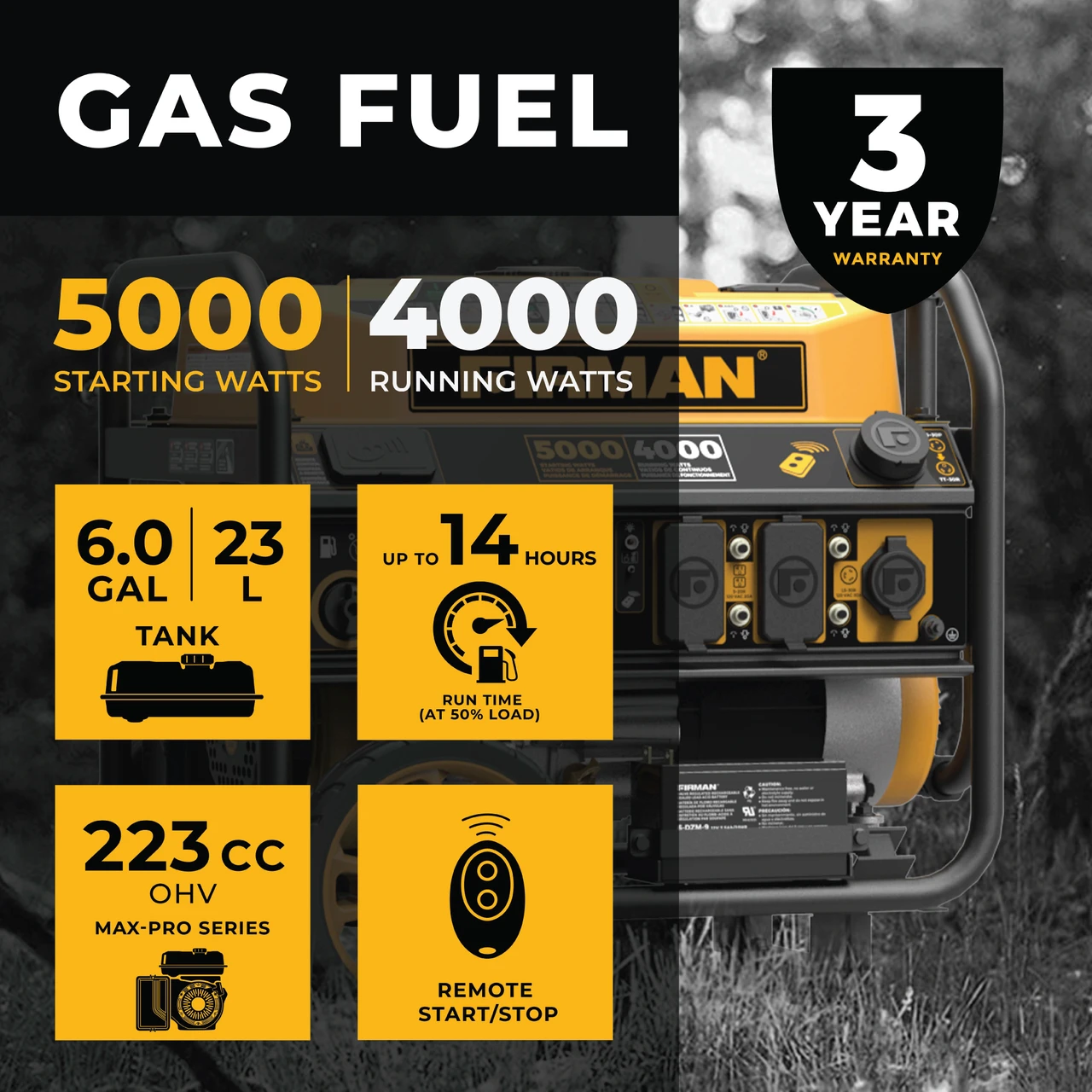 Firman Gas Portable Generator 5000/4000W Remote Start 50 ST CAN (P04001) — product image 6