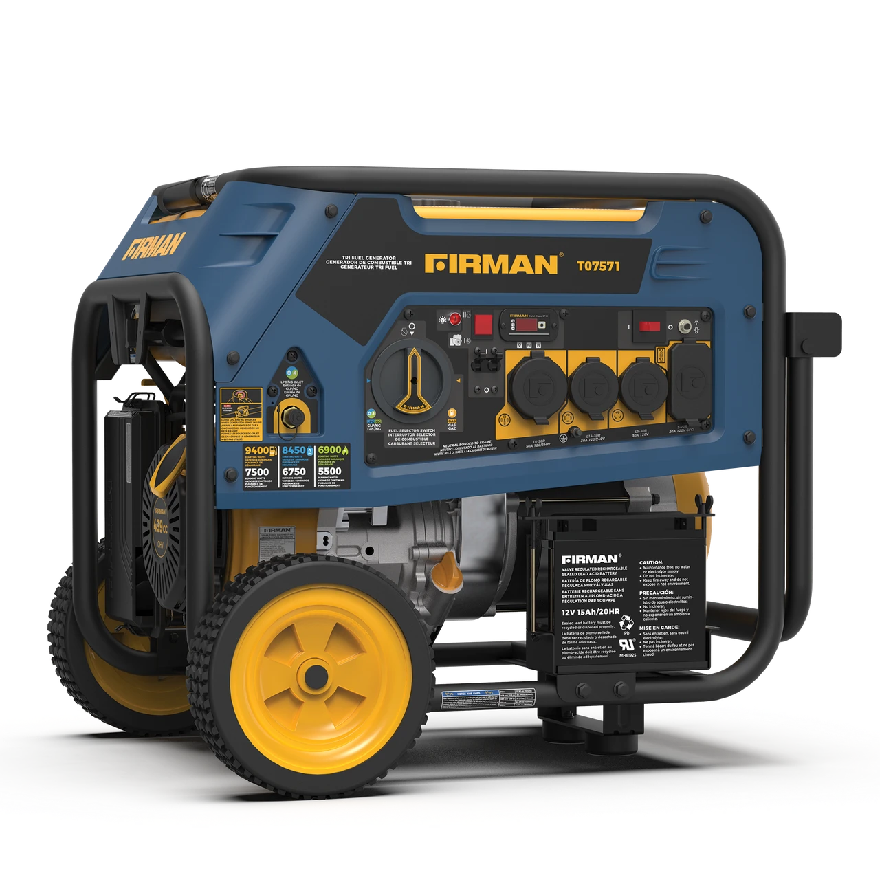 Firman Tri Fuel Portable Generator 9400/7500W Electric Start Gas, Wheel Kit 50 ST CAN (T07571) — product image 2