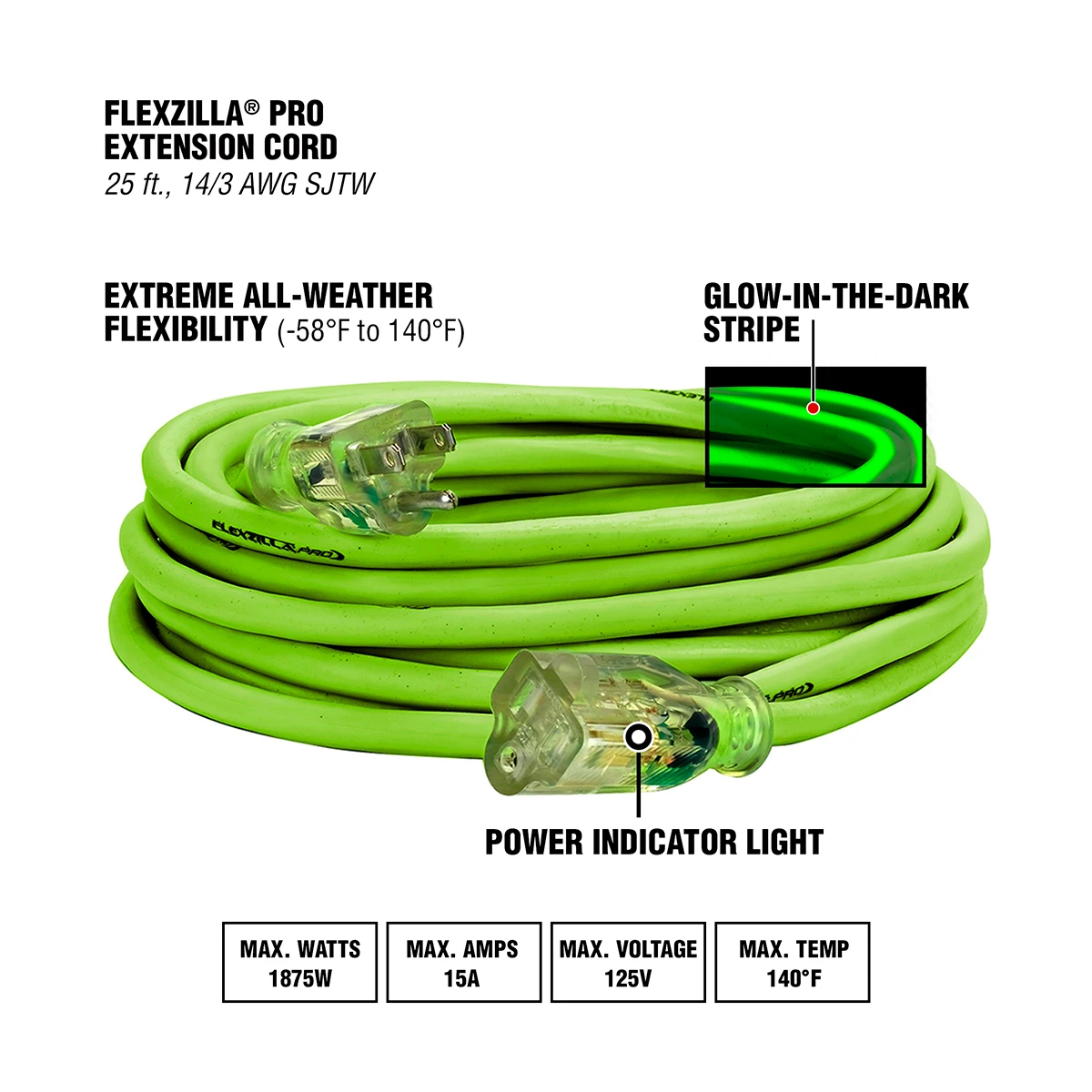 Flexzilla Pro Extension Cord, 14/3 AWG SJTW, 25 ft, Lighted Plug (FZ512725) — product image 2