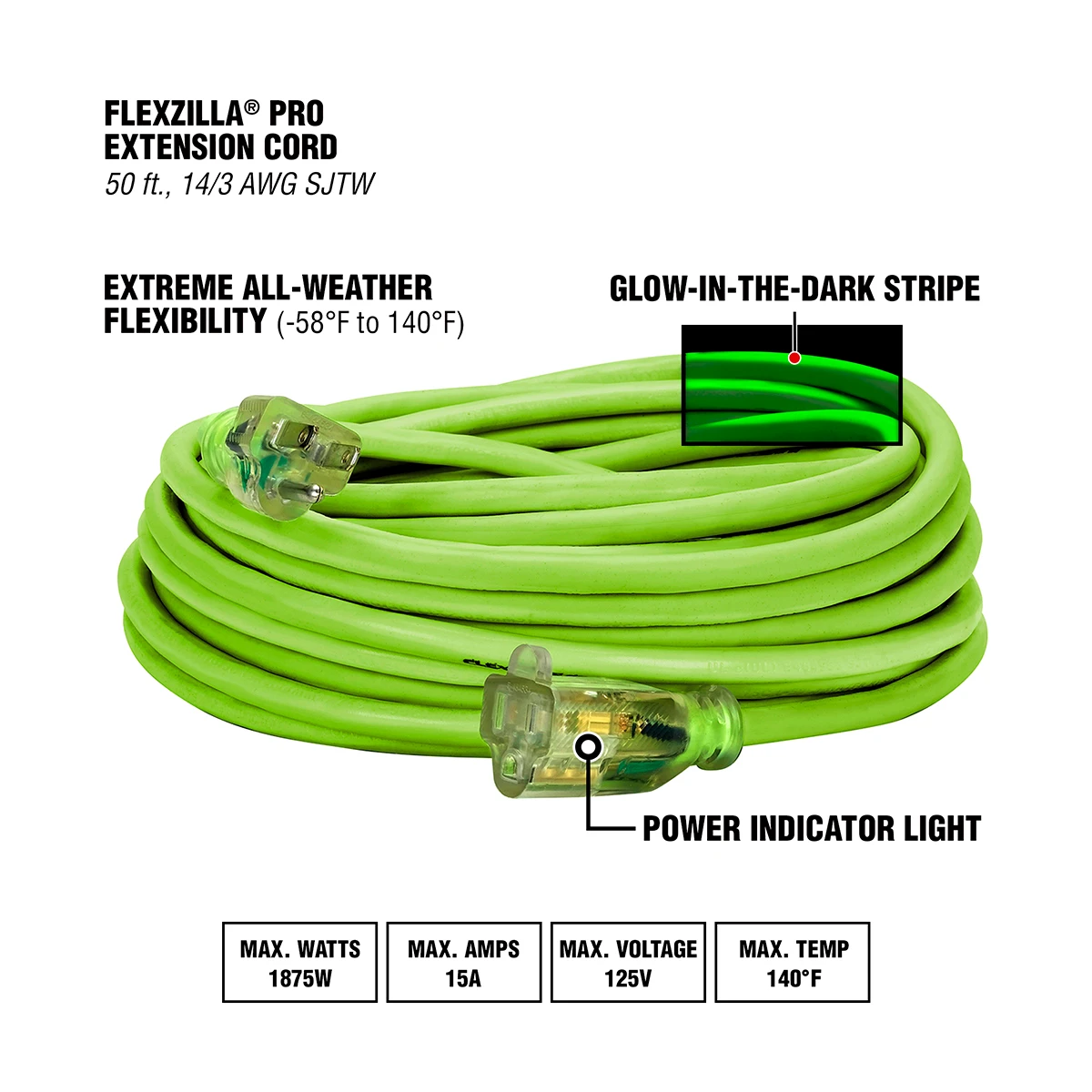 Flexzilla Pro Extension Cord 14/3 AWG SJTW, 50 ft, Lighted Plug (FZ512730) — product image 2