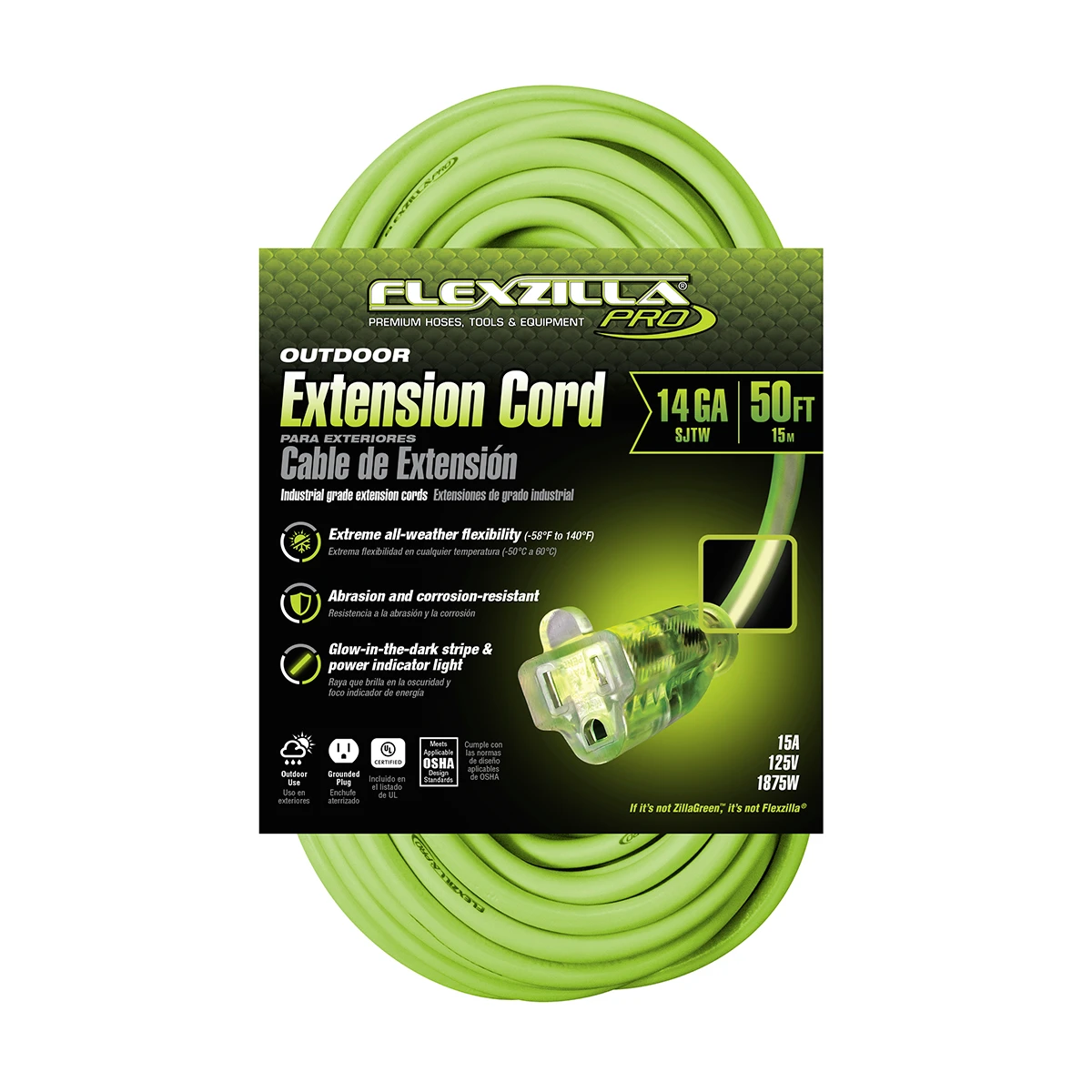 Flexzilla Pro Extension Cord 14/3 AWG SJTW, 50 ft, Lighted Plug (FZ512730) — product image 3