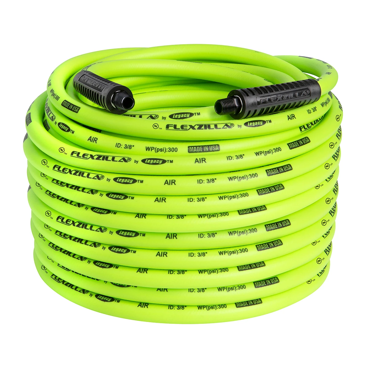 Large coil of green Flexzilla air hose with black end bend restrictors