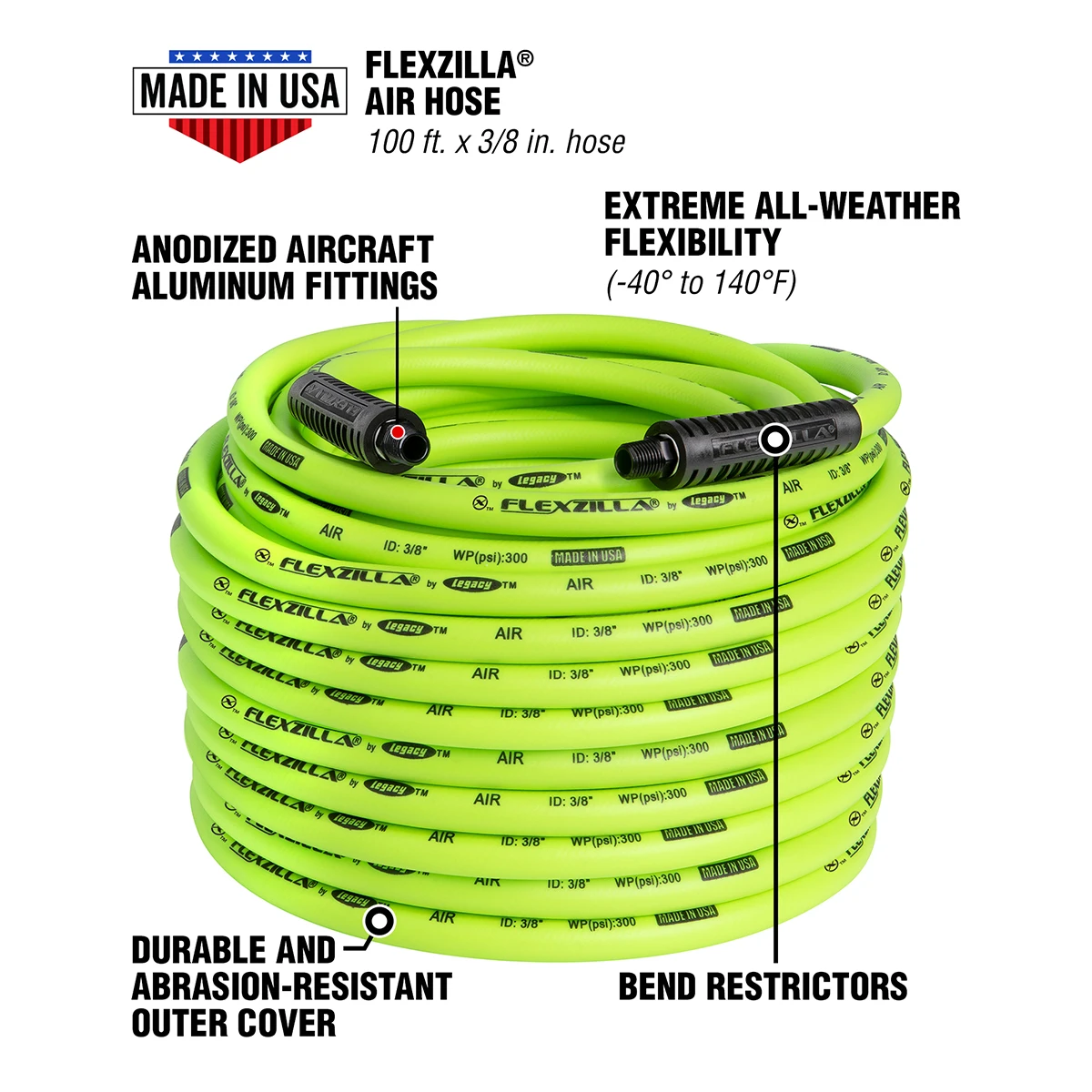 Flexzilla Air Hose 3/8 in. x 100 ft. with 1/4 in. Fittings (HFZ38100YW2) — product image 2