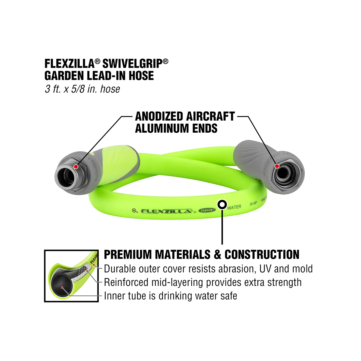Flexzilla SwivelGrip Garden Hose 5/8" x 3' Lightweight Green (HFZG503YWS) — product image 2